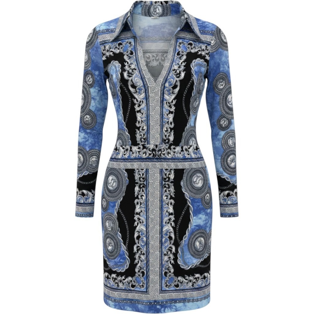 Cache Baroque Print Mini Dress Size S Blue Black Long Sleeve V-Neck Collar